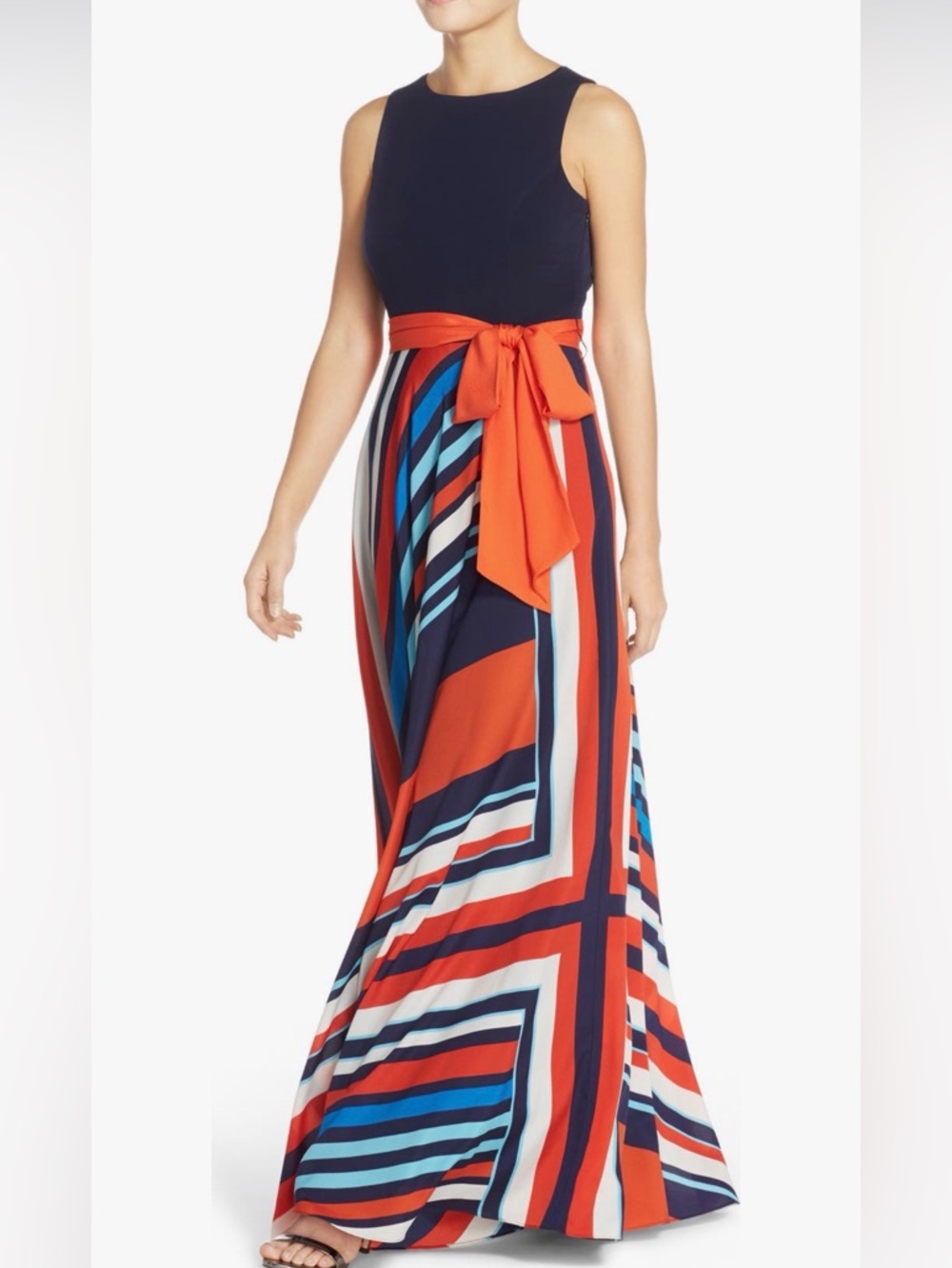Eliza J Navy & Orange Colorblock Striped Maxi Skirt with Tie Waist - 2